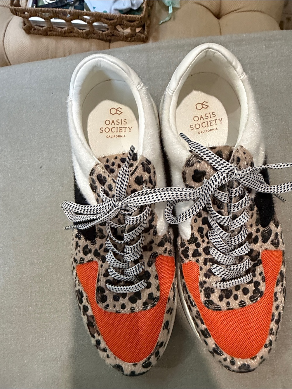 Oasis Society White Sneaker with Leopard Fur Accent